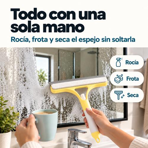 Mano sujetando el limpiacristales 3 en 1 amarillo y blanco sobre un espejo: rocía, frota y seca