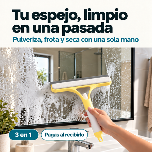 Limpiacristales 3 en 1 amarillo y blanco secando un espejo de baño